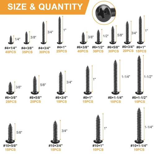 Vista 2 de VIGRUE Juego de 410 tornillos de madera de acero inoxidable negro #4#6#8#10 Phillips Tornillos de chapa metálica de cabeza plana Tornillos de madera