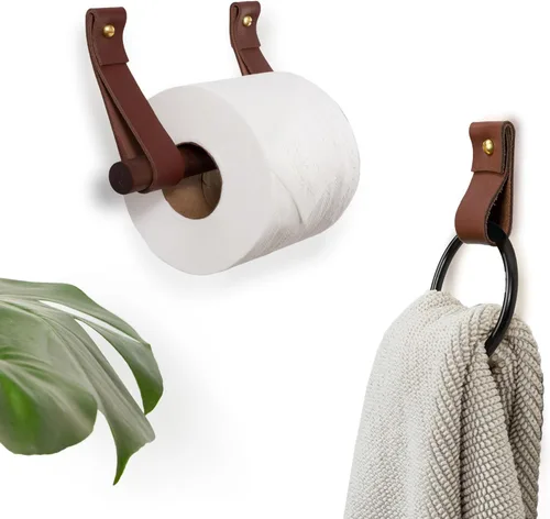 Keyaiira Juego de accesorios de baño pequeño de 2 piezas, soporte de papel higiénico de cuero y madera, gancho para toalla de mano negra, correa de