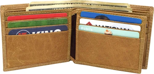Vista 9 de MARSHAL Cartera de identificación con solapa central de piel auténtica con bloqueo RFID para hombre, Beige Bronceado, Bifold
