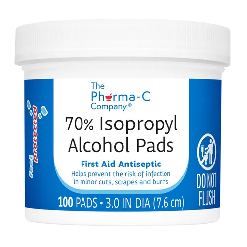 The Pharma-C Company Almohadillas de alcohol isopropílico al 70% 100 unidades. Primeros auxilios - Toallitas antisépticas - Extra grandes - Alcohol