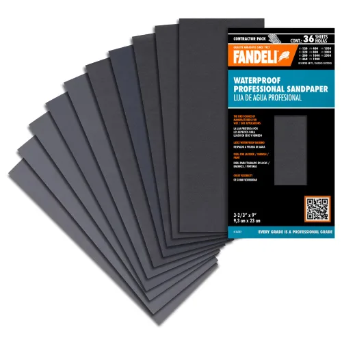 Fandeli | Papel de lija impermeable | Surtido de granos de 120 a 2500 | 36 hojas 23 x 9,3 cm | para pulido de coches, lijado de muebles de madera y