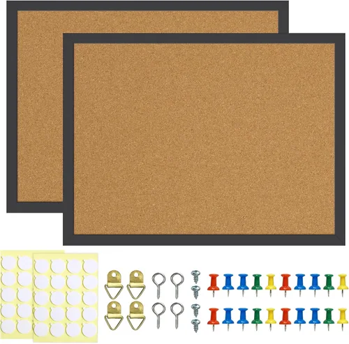 Vista 9 de 2 Piezas Tablero de Corcho, Tablero de Anuncios de 17.7''x13.3'', Tableros de Corcho con Marco de Madera para Pared, Tablero de Corcho Pequeño