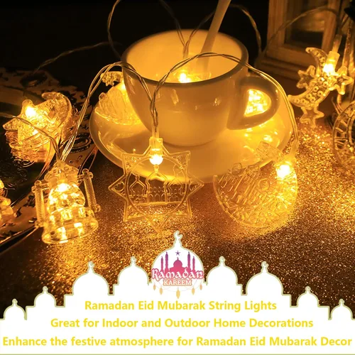 Vista 5 de Cadena de luces Eid de Ramadán que funciona con pilas, 10 pies, 20 luces LED, luna, estrella, castillo, farol, luces Eid Mubarak con temporizador