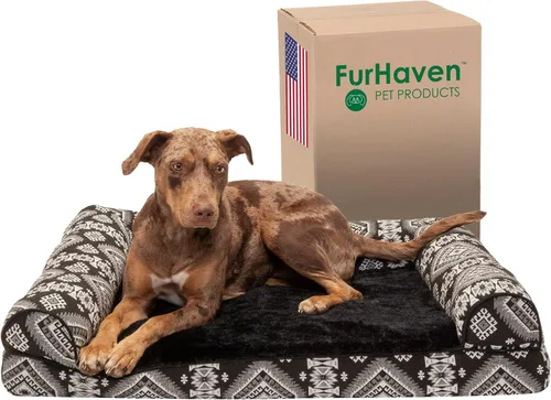 Vista 15 de Furhaven Cama para perro, de espuma viscoelástica, estilo sofá, Sherpa y chenilla, café, M