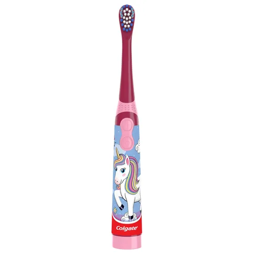 Vista 3 de Cepillo de dientes eléctrico Colgate para niños, cepillo de dientes a batería para niños con batería AA incluida, cerdas extra suaves, mango plano