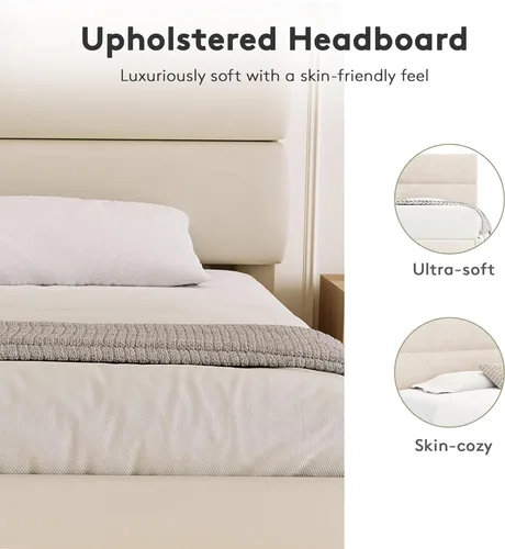 Vista 4 de GRUSIGN Base de cama de plataforma de tamaño matrimonial con cabecera de terciopelo, soporte de listones de madera de altura ajustable, base