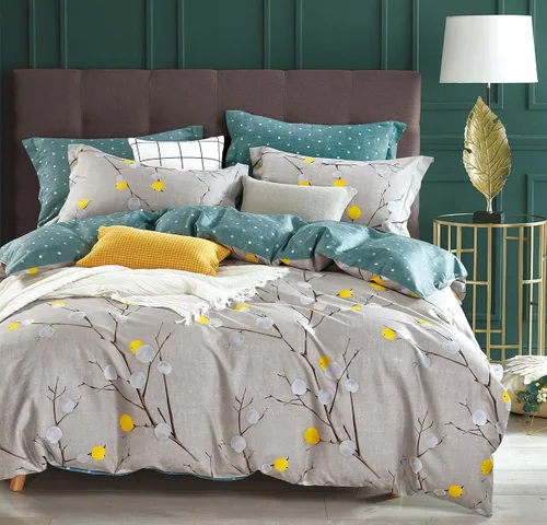 Vista 14 de SLEEPBELLA Funda de edredón tamaño Queen, 600 hilos de algodón reversible con ramas grises y flores amarillas (tamaño Queen, hojas blancas)