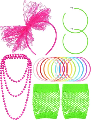 Blulu 80s Costume Accessories for Women Lace Headband Earrings Fishnet Gloves Necklace Bracelet for 80s Retro Party