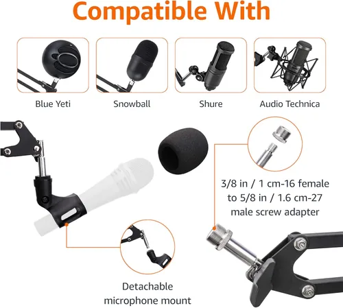 Vista 3 de Yaxa Basics Soporte de micrófono ajustable, filtro pop, pantalla antiviento, para Blue Yeti, Snowball, Shure, Audio-Technica, otros micrófonos, 14