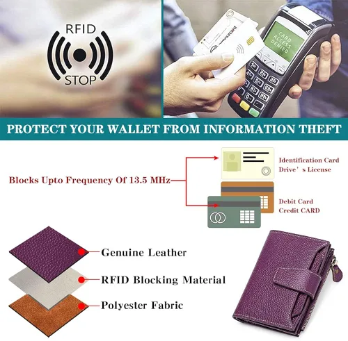 Vista 6 de FALAN MULE - Cartera de cuero auténtico para mujer pequeña plegable compacta con interferencia de radiofrecuencia RFID