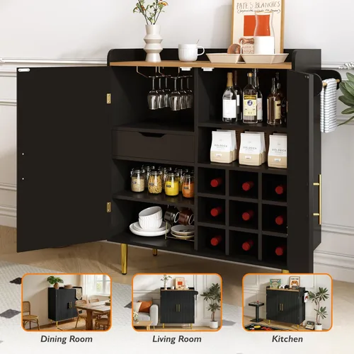 Vista 7 de LUMISOL Modern Coffee Bar Cabinet with Wine Rack and Hidden Drawer, Fluted Liquor Cabinet with Adjustable Shelves, Mini Fridge Sideboard with Glass