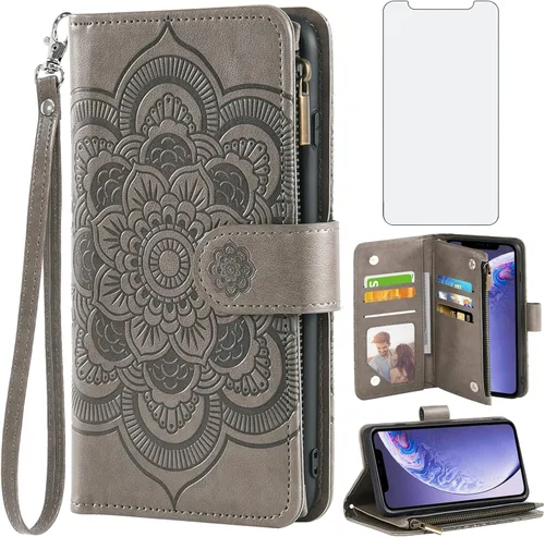 Vista 10 de Asuwish Funda de teléfono para iPhone 11 6.1 con protector de pantalla de vidrio templado y soporte de tarjeta de crédito con tapa de flores