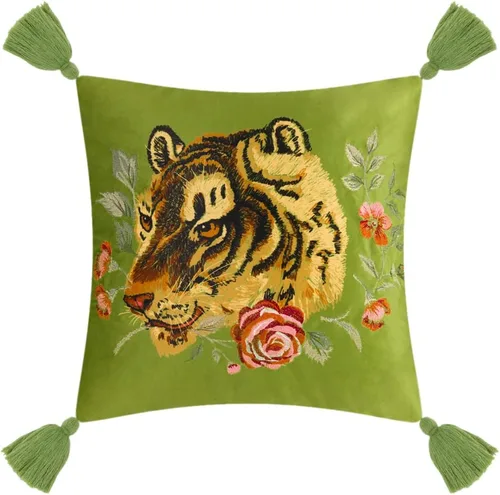 JWH Funda de almohada de terciopelo con diseño de tigre bordado de flores decorativas para cama, sala de estar, sofá, dormitorio, 18 x 18 pulgadas,