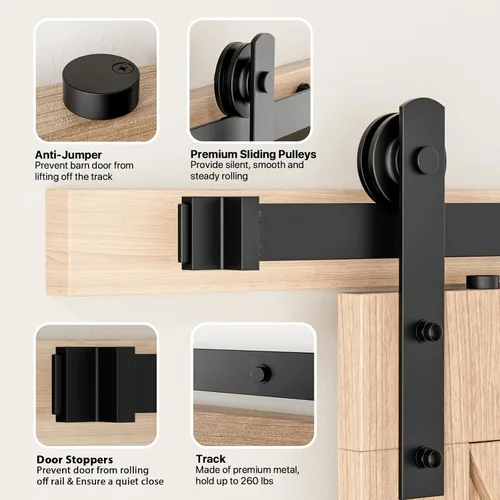 Vista 7 de Signstek Kit de herrajes para puerta corrediza de granero de 6.6 pies, resistente con gancho de puerta, guía de suelo ajustable y 2 asas, fácil