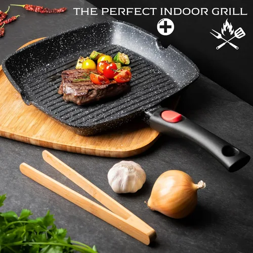 Vista 29 de Moss & Stone Sartén antiadherente de 12 pulgadas para cocinar en interiores, sartén de aluminio fundido para estufa e inducción, apta