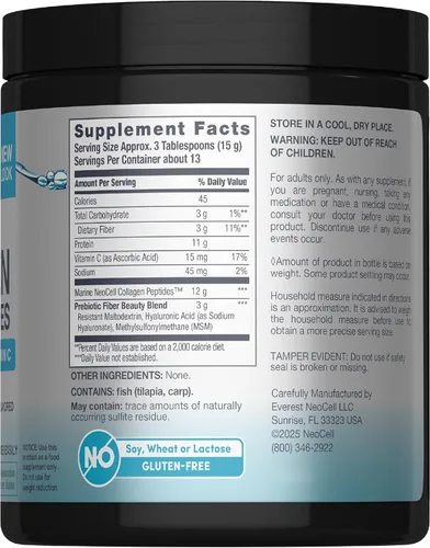 Vista 2 de NeoCell Polvo de péptidos de colágeno marino 7 onzas Suplemento sin sabor con vitamina C y MSM Plus ácido hialurónico Mezcla de belleza