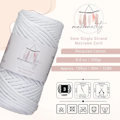 Vista 97 de Makromecity, Cordón de macramé de un solo hilo de 3 mm x 100 yardas (300 pies) de 3 mm de cordón de algodón azul bebé para arte y manualidades