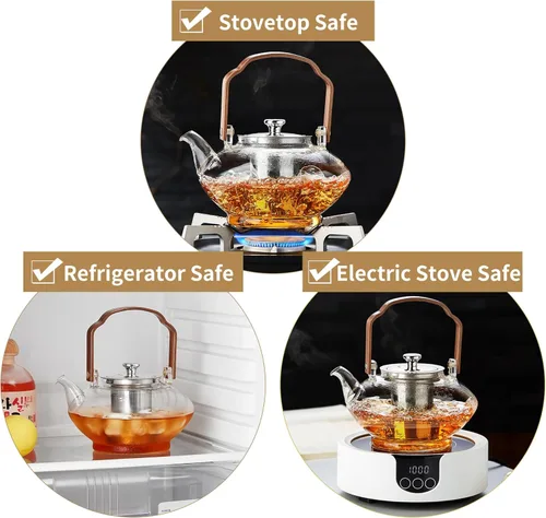 Vista 4 de UNBREAKABLE -Tetera de vidrio de 46 onzas con infusor y tapa de acero inoxidable, resistente al calor de vidrio de borosilicato para estufa