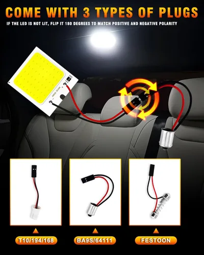 Vista 4 de Qasim Luz LED de cúpula de 12 V COB 48-SMD para interior del automóvil, luz de placa de lectura, techo de techo, lámpara de mapa con adaptadores