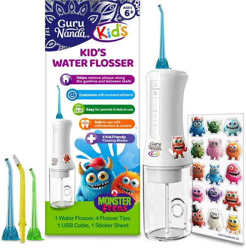 GuruNanda Irrigador dental de agua para niños, 4 modos de hilo dental, 4 boquillas, temporizador inteligente de 2 minutos, a partir de 6 años, tema
