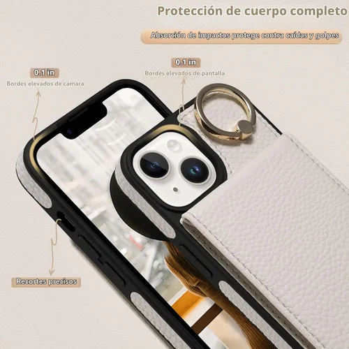 Vista 6 de Funda para iPhone 14 de 6.1'', Funda Cartera Cruzada Desmontable con Ranuras para Tarjetas con Bloqueo RFID, Anillo de Soporte de 360°, Funda Beige