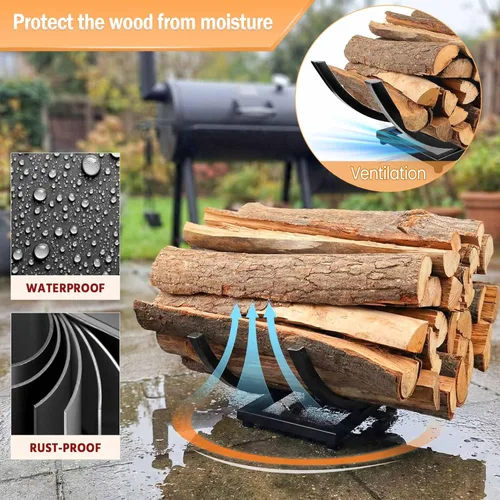 Vista 3 de Soporte de leña curvado para leña: Soporte de leña pequeño resistente de 30 pulgadas para chimenea interior - Soporte de madera para exteriores