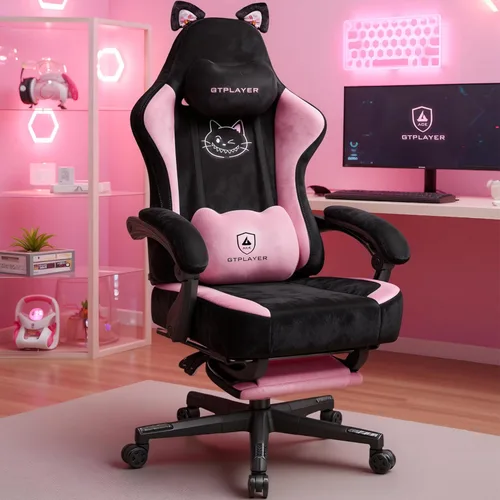 Vista 11 de Silla de juegos rosa linda con orejas de gato, ergonómica con bordado de gato, soporte lumbar de espuma viscoelástica ajustable y reposacabezas