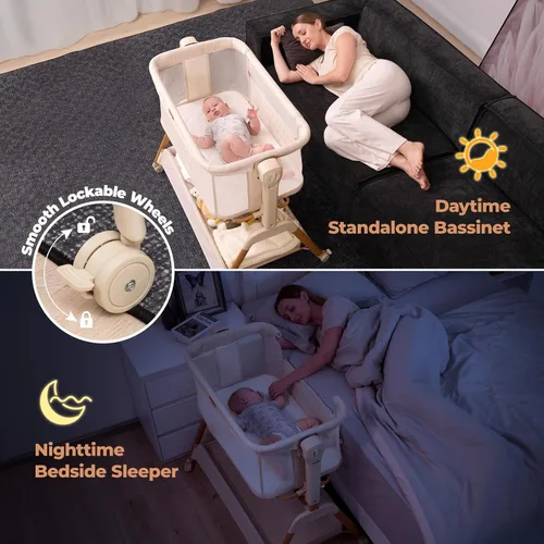 Vista 2 de Ezebaby Cuna para Bebé al Lado de la Cama: Cuna con Balancín 3 en 1 para Bebé - Cuna de Malla Completa Transpirable con Colchón 6 Ajustes