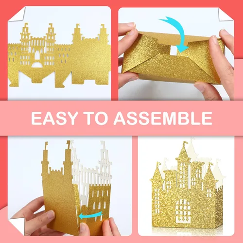 Vista 2 de Caja dorada de castillo de princesa de 24 piezas, decoración de fiesta de cumpleaños de princesa, centro de mesa de castillo dorado, suministros