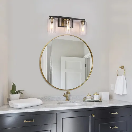 Vista 4 de ZEVNI Lámpara de tocador de baño de oro negro, 3 luces modernas con pantallas de vidrio sembrado, 20 x 9 x 6 pulgadas
