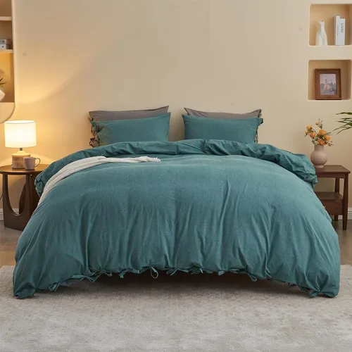 Vista 14 de BISELINA Juego de funda de edredón 100% algodón lavado con textura similar al lino teñido a rayas horizontales reversible, transpirable, suave