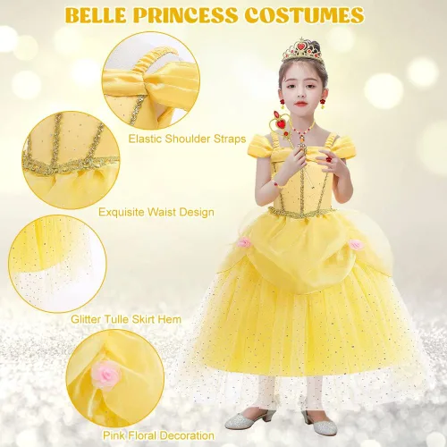 Vista 3 de TOLOYE Vestido de princesa para niñas pequeñas, vestido de disfraz de Bella con accesorios para fiesta de cumpleaños, cosplay, Halloween