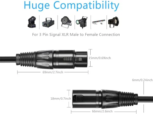 Vista 7 de Cable DMX flexible de 3.2 pies, chapado en oro de 3 pines macho a hembra, cable XLR DMX, lo mejor para luces de escenario de DJ, luces pares