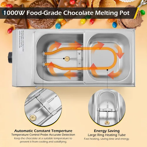 Vista 4 de Dyna-Living Olla para derretir chocolate con 2 tanques, máquina de templado de chocolate comercial, olla de templado de chocolate, olla eléctrica
