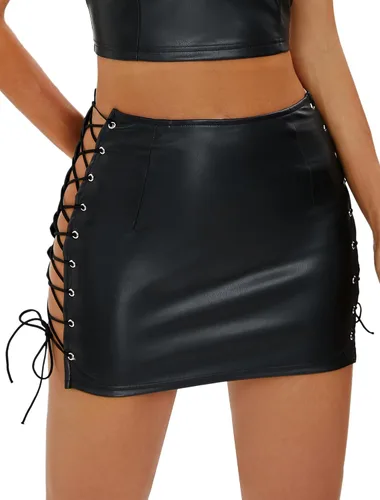 Minifalda de cuero para mujer Lado negro con cordones