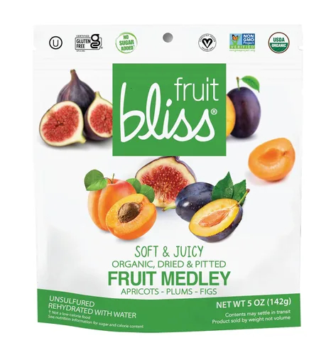Fruit Bliss Mezcla de frutas secas – Mezcla de frutas de albaricoques orgánicos, secos y sin hueso, ciruelas e higos – Snacks de frutas orgánicas,