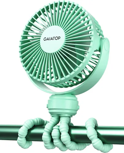 Vista 12 de Gaiatop Mini ventilador portátil para cochecito, funciona con pilas, pequeño clip, desmontable de 3 velocidades recargable, gira 360°, trípode