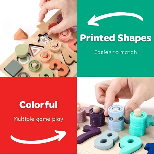 Vista 3 de BEKILOLE Juguetes de madera Montessori para niños pequeños: rompecabezas de números, clasificador de formas, juego de apilamiento para contar