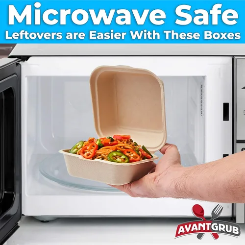 Vista 3 de Caja para llevar a prueba de grasa de 6 x 6 pulgadas, 25 unidades. Contenedor desechable para llevar para microondas con tapa con bisagras. Cajas