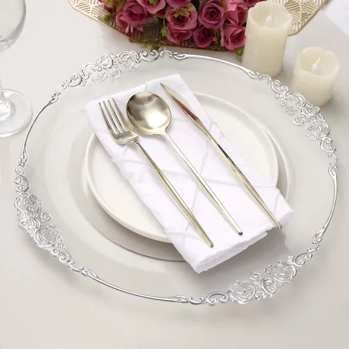 Vista 3 de Efavormart 6 Pack de 13 Pulgadas Platos de Carga Redondos Claros con Borde Tallado en Hojas Barrocas de Plata para Decoración de Mesa, Evento