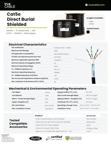 Vista 6 de TRUE CABLE Cat5e Cable Ethernet a granel de entierro directo, blindado F/UTP, 500 pies, negro, impermeable, chaqueta OSP para exteriores, cobre