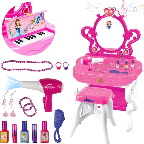 Juego de tocador de princesas para niñas con 16 accesorios de moda y maquillaje, teclado de piano funcional y luces intermitentes, ideal para niños,