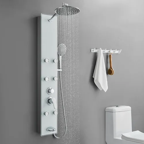 Vista 9 de POPFLY Sistema de Panel de Torre de Ducha con Altura de Brazo de Ducha Ajustable, Sistema de Cabezal de Lluvia, Panel de Ducha de Acero Inoxidable