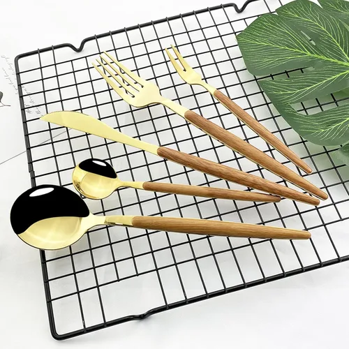 Vista 2 de JASHII Juego de cubiertos de madera de acero inoxidable de 20 piezas, mango de madera, cuchillo tenedor, cuchara, utensilios de cocina para 4