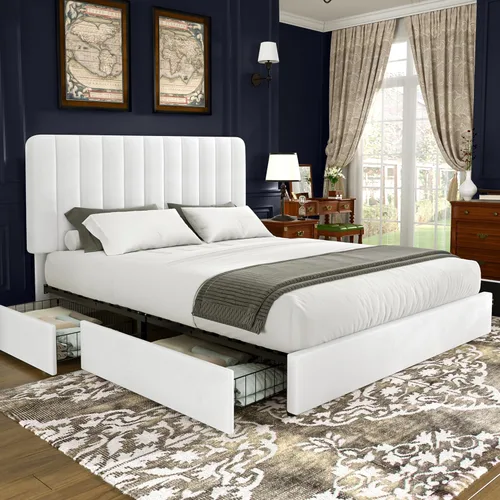 Vista 16 de VECELO Marco de Cama Tapizada Tamaño Full con 4 Cajones y Cabecero, Marco de Cama Plataforma de Almacenamiento de Terciopelo, Soporte de Listones