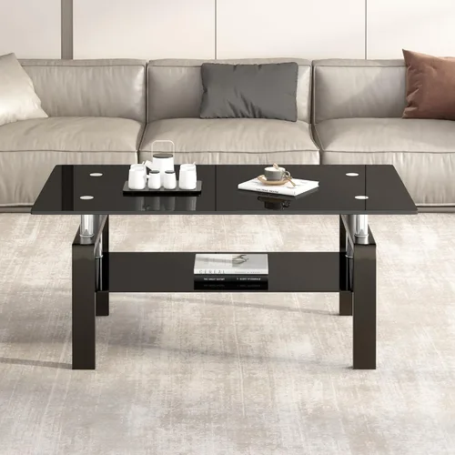 Vista 4 de Mesa de centro de vidrio templado con patas de metal Mesas de centro pequeñas modernas para sala de estar (negro)