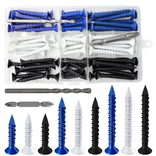 Vista 29 de Wensilon 49 piezas) Kit de ancla de tornillo para hormigón de 1/4" con cabeza plana azul para anclar a mampostería, bloque o ladrillo estuco
