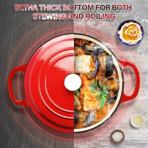 Vista 6 de Horno holandés esmaltado de hierro fundido con asas de bucle, horno holandés cubierto, olla esmaltada con tapa, rojo