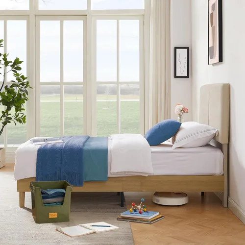 Vista 19 de VECELO Base de cama tamaño Queen tapizada con cabecera de algodón y lino ajustable en altura, listones de madera resistente, espacio debajo