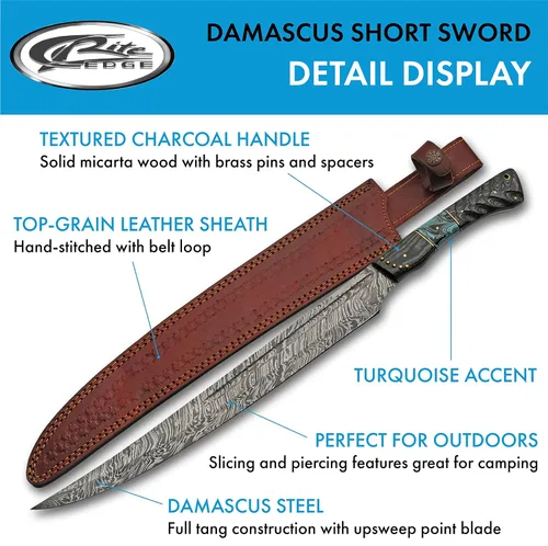 Vista 2 de SANZ Damascus Supplies - Espada corta de espiga completa con mango de resina de madera y turquesa, con funda de cuero, negro/turquesa/marrón, 22